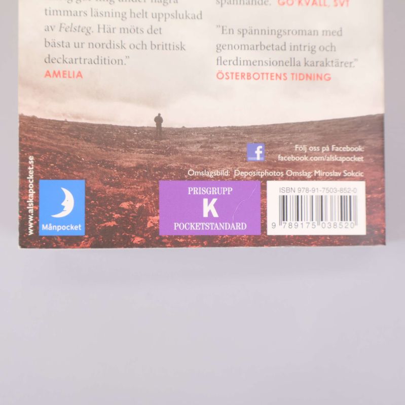 Närbild på ISBN och prisklass på baksidan av Felsteg