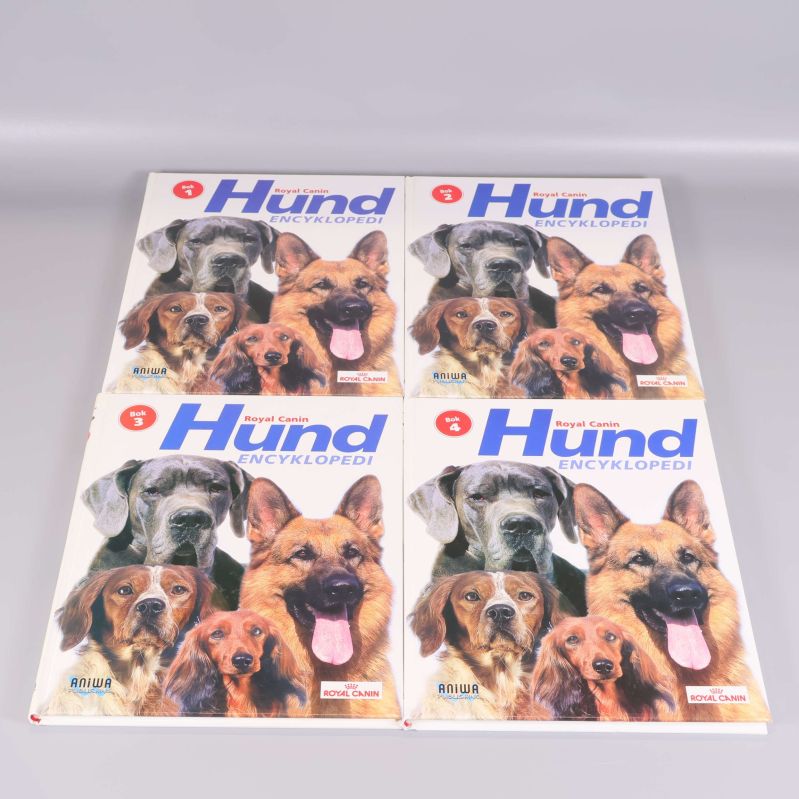 Fyra böcker med omslag Hund encyklopedi bok 1-4