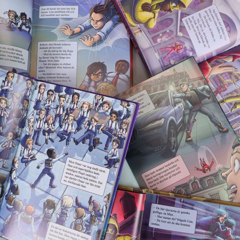 Uppslag från Handbok för superhjältar med färgglada illustrationer och dialog