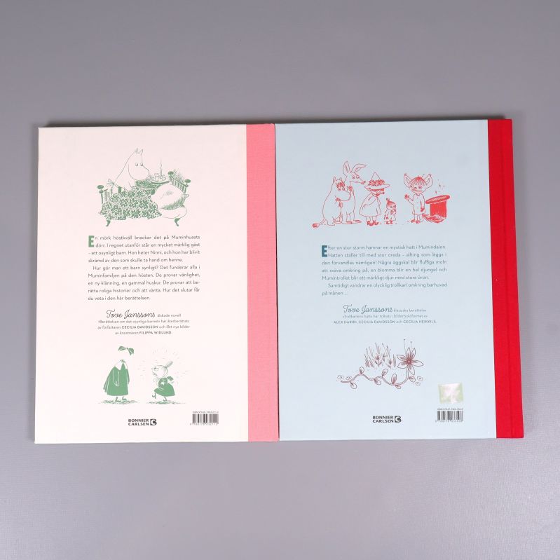 Baksidor av två Muminböcker med beskrivande text och illustrationer