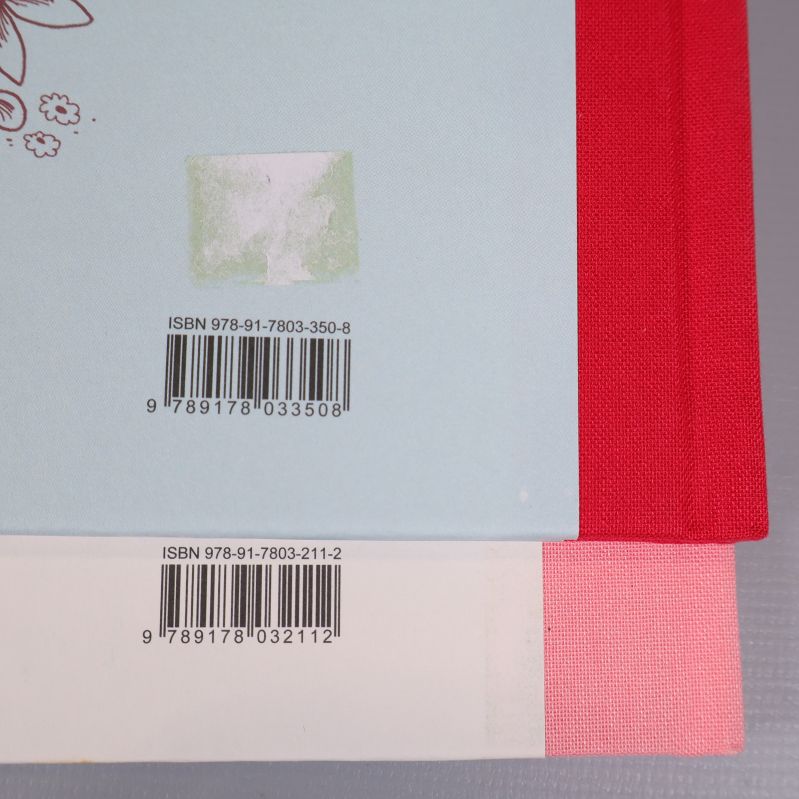 Närbild på ISBN och streckkoder på baksidan av Muminböcker