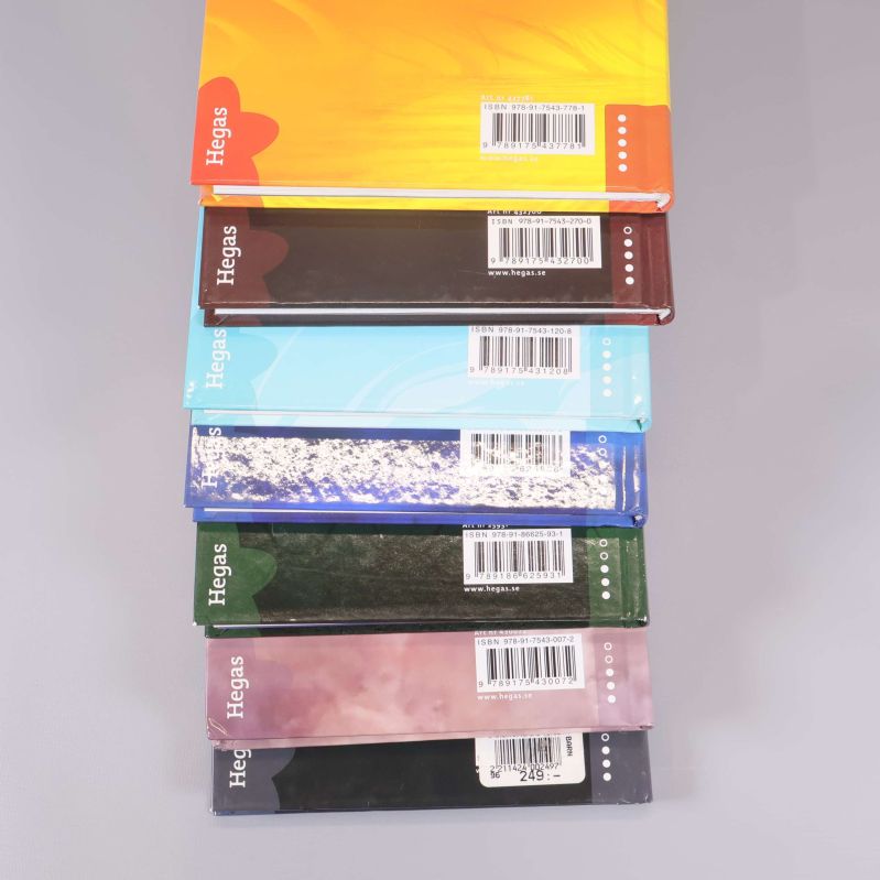 Närbild av Amulett-böckernas baksidor och streckkoder med ISBN