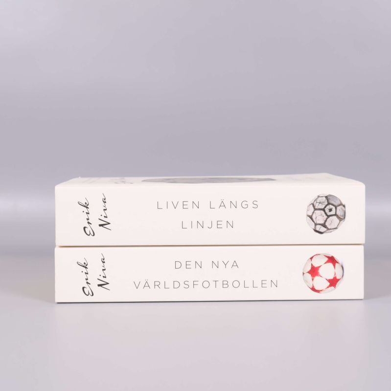 Två böcker staplade med boktitlar och illustrationer på ryggarna