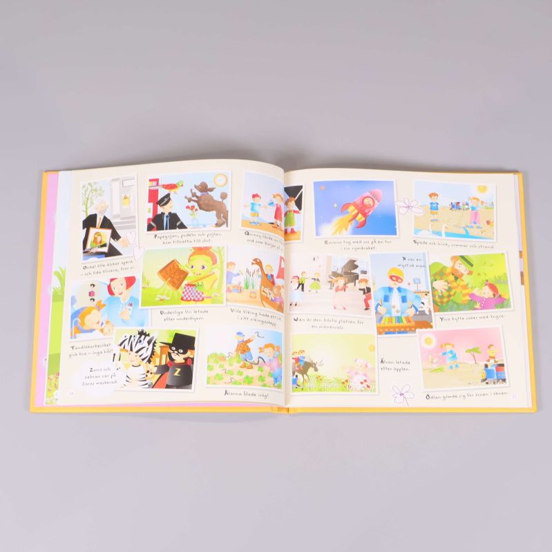 Uppslag med färgglada illustrationer och text i barnbok