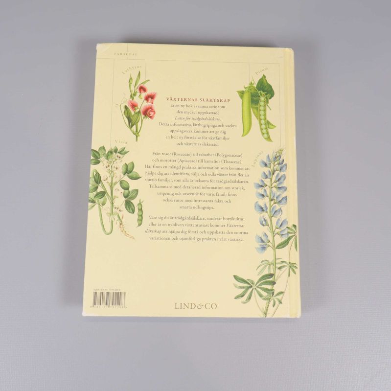 Baksidan av boken Växternas släktskap med beskrivande text och illustrationer