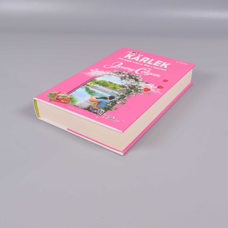 Boken Kärlek på den lilla ön i havet sedd från hörnet med synlig bokrygg och omslag