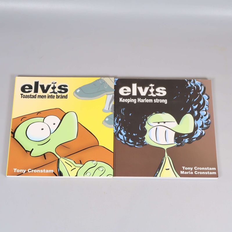 Framsidor av två Elvis seriealbum, en gul och en brun
