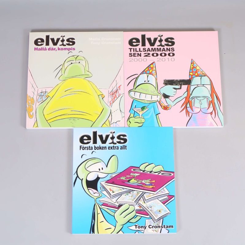 Tre seriealbum av Elvis med färgstarka omslag uppifrån