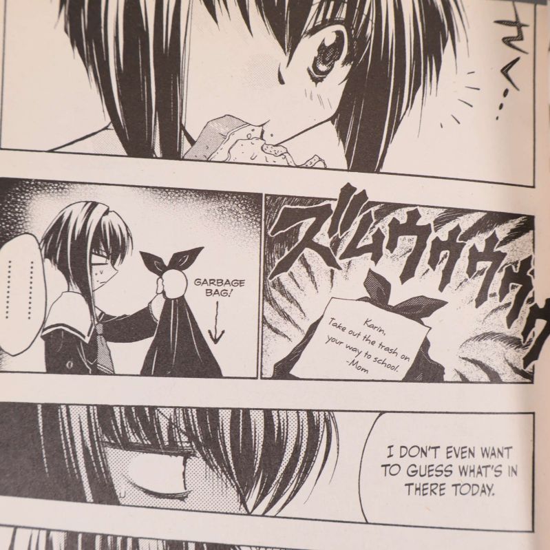 Närbild på inlaga från Chibi Vampire manga, svartvita serierutor