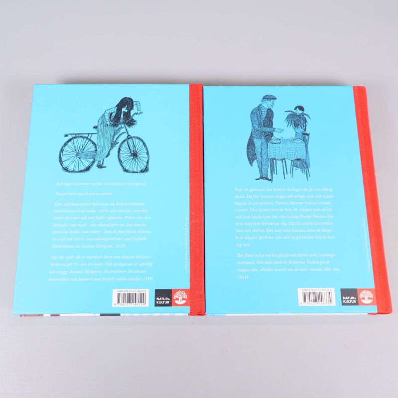 Baksidor av två Katitzi-böcker med blå bakgrund och illustrationer