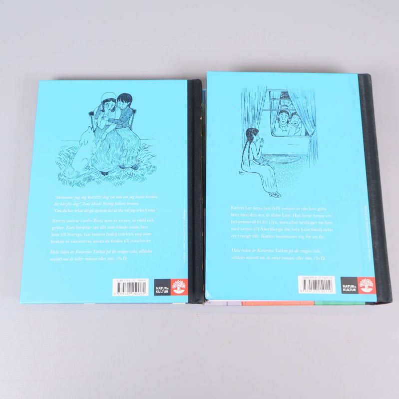 Baksidor av två Katitzi-böcker med text och illustrationer