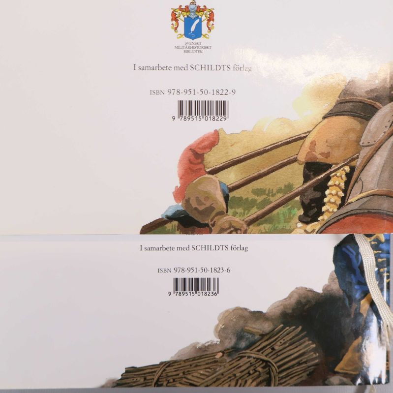 Närbild på baksida med ISBN för Lejonet vaknar och Karolinska krigare