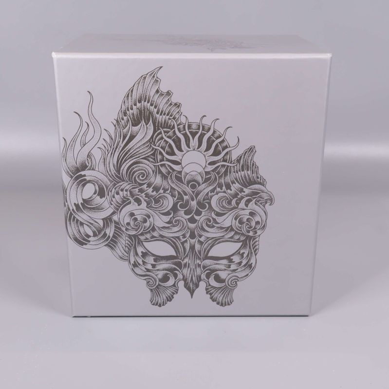 Sidan av boxen med detaljrik maskillustration i grått och silver