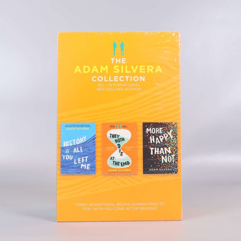Baksida av The Adam Silvera Collection med omslagen av de tre böckerna illustrerade