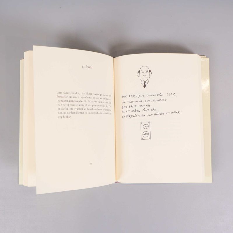 Uppslag i Hans Alfredson bok, text och illustrationer synliga