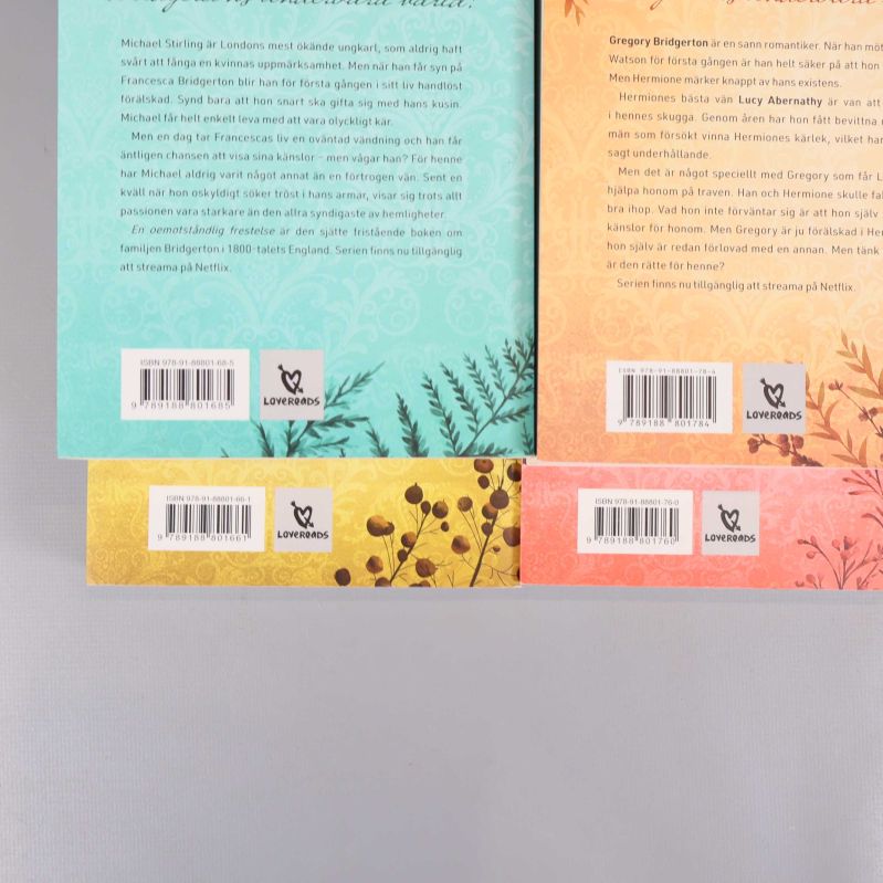 Närbild på ISBN och baksida från Familjen Bridgerton-bok