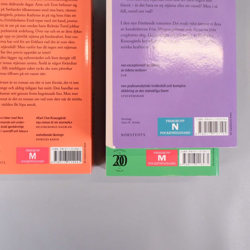 Närbild på baksidor med synliga ISBN-nummer och prisgrupper