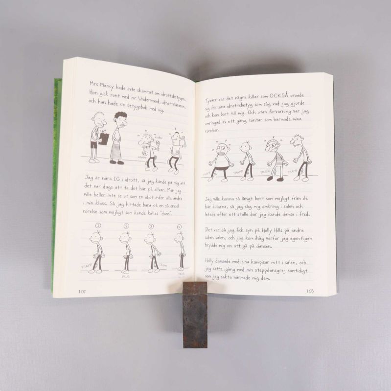 Uppslag med svartvita illustrationer och lättläst text i kapitelbok