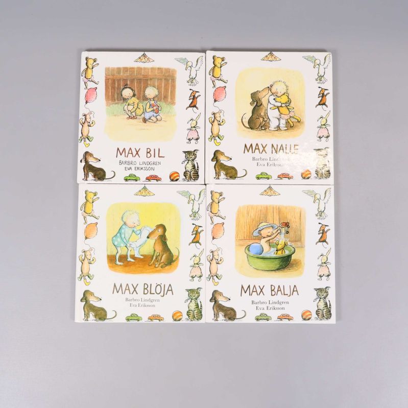 Fyra Max-böcker staplade, framsidor med färglagda illustrationer