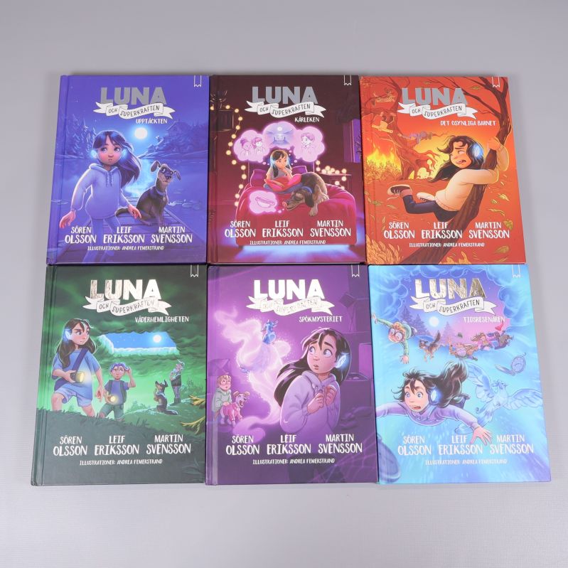 Sex böcker ur serien Luna och superkraften med färgglada omslag