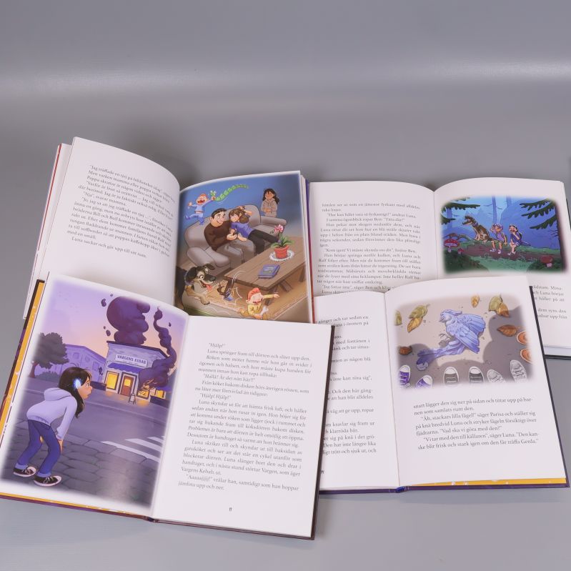 Uppslag från Luna och superkraften med text och färgillustrationer