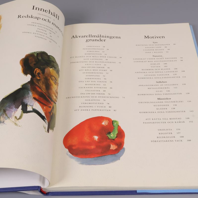 Uppslag med innehållsförteckning och illustration av paprika