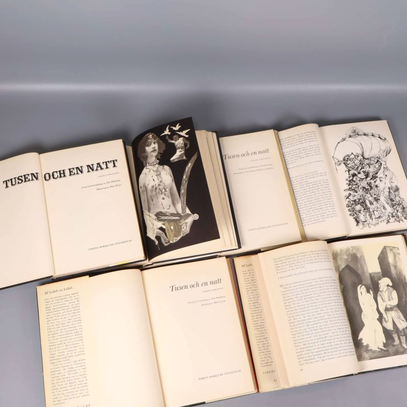 Uppslag ur flera Tusen och en natt-böcker med illustrationer och svartvita bilder
