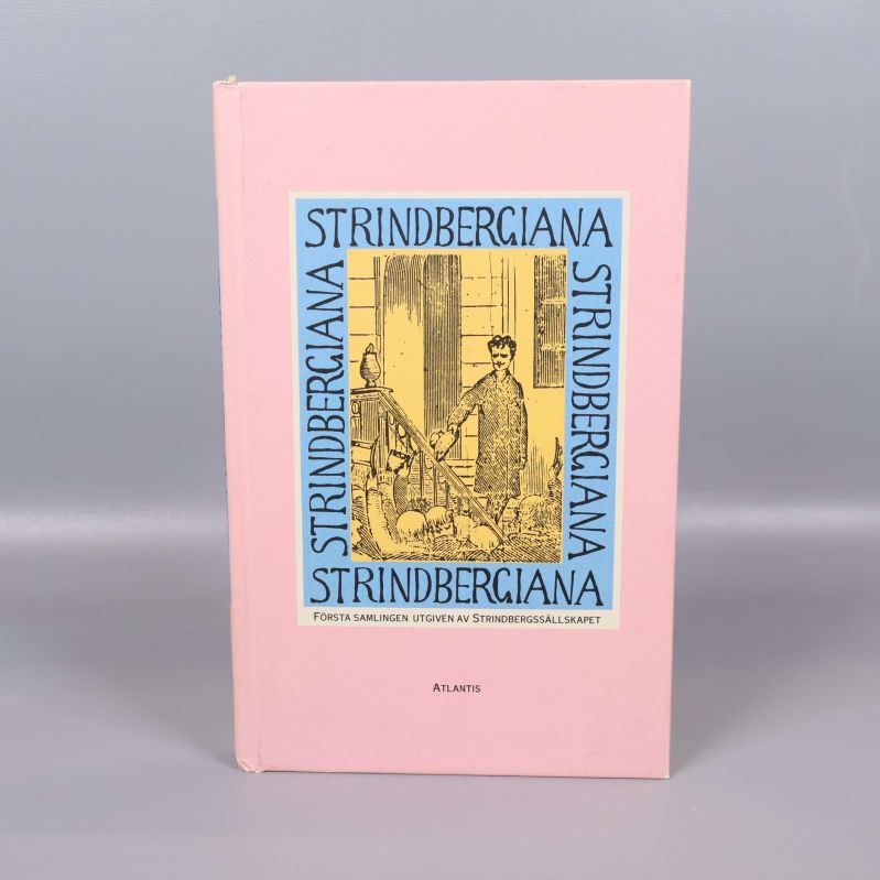 Framsidan av boken Strindbergiana i rosa med blå och gul illustration