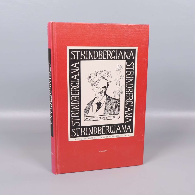 Strindbergiana bok med rött omslag och illustration av Strindberg