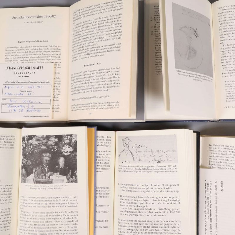 Uppslagna sidor ur Strindbergiana med illustrationer och text