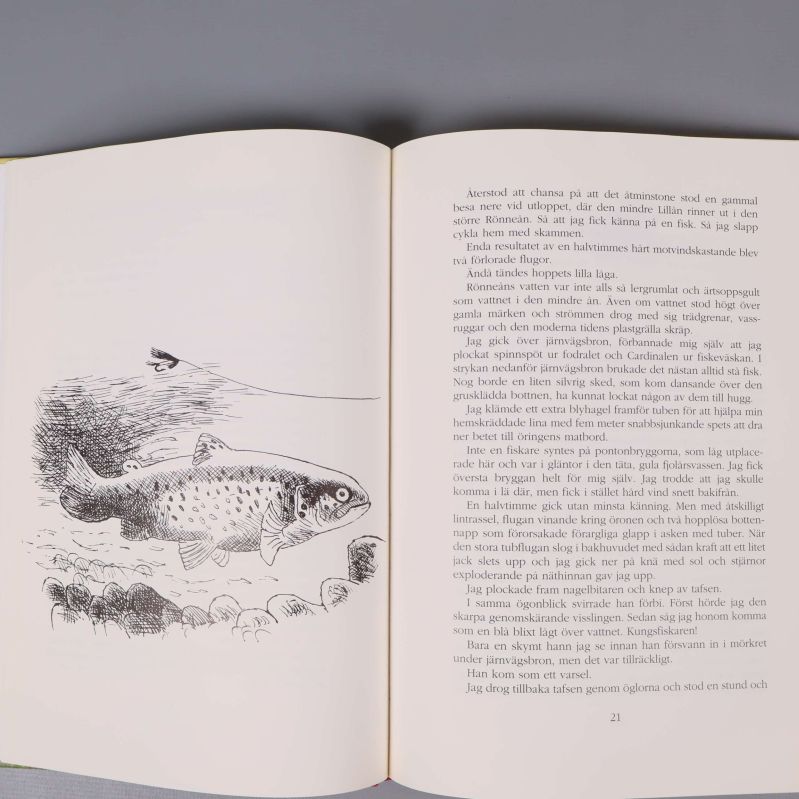 Uppslag med text och teckning av fisk i boken