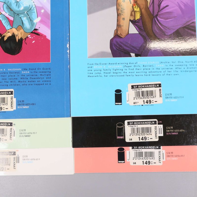 Detaljerade bilder på baksidor med streckkoder och ISBN-nummer för Saga albumen