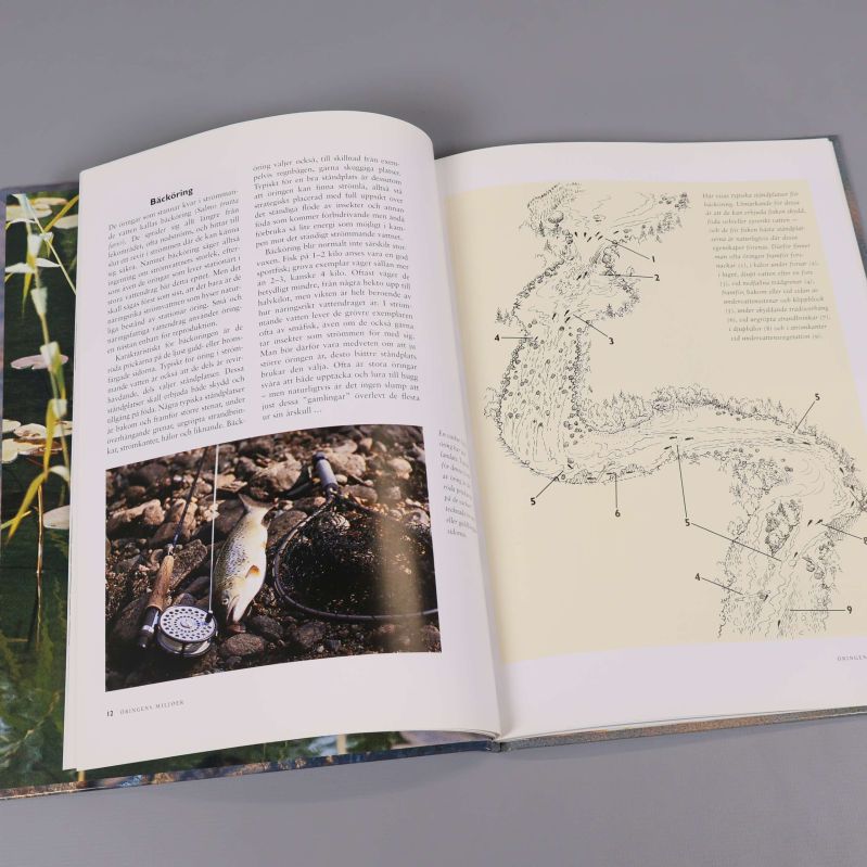 Uppslag i boken Öringfiske med text, foto och ritad kartbild