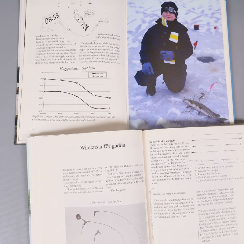 Uppslag ur fiskeböckerna visar diagram, illustrationer och isfiskefoto