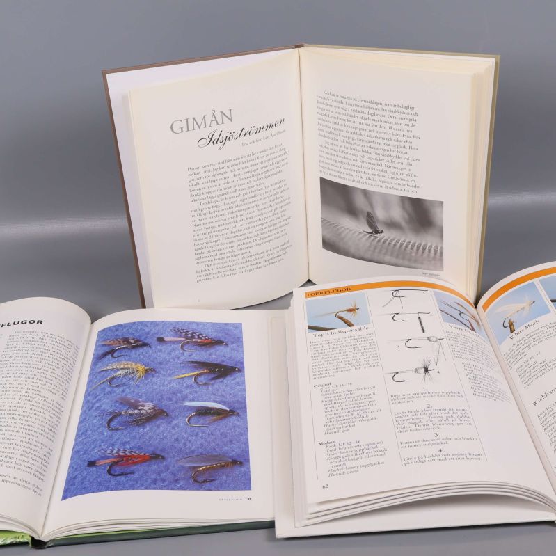 Uppslag ur tre böcker med illustrationer, text och flugor