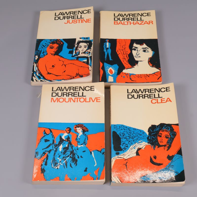 Framsidor på böckerna Justine, Balthazar, Mountolive och Clea av Lawrence Durrell