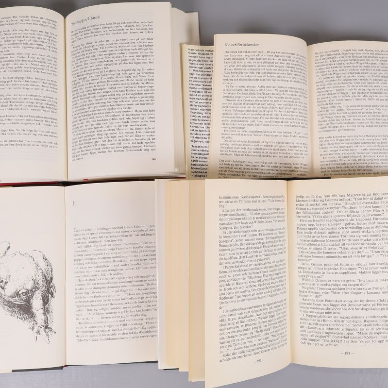 Uppslag med inre sidor från fyra Günter Grass böcker med text och teckningar