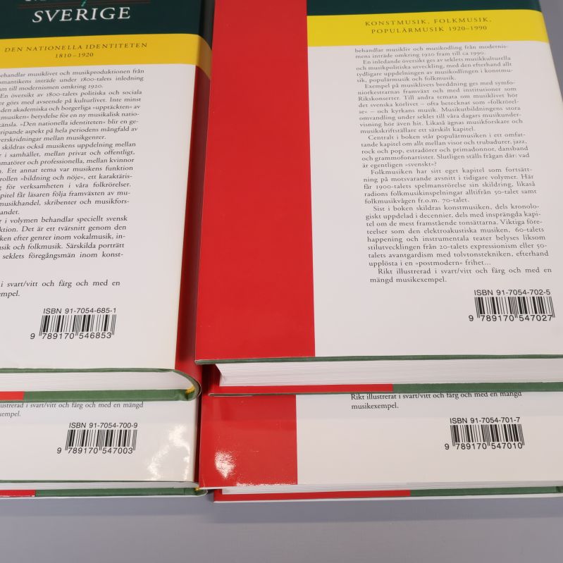 Närbild på baksidan av Musiken i Sverige-böckerna med fyra olika ISBN-nummer