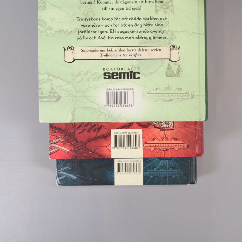 Närbild på baksida med tre böckers ISBN synliga längst ner