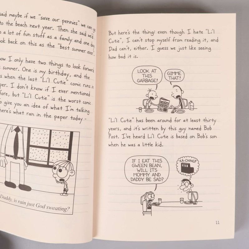 Uppslag med text och tecknade serierutor från Diary of a Wimpy Kid