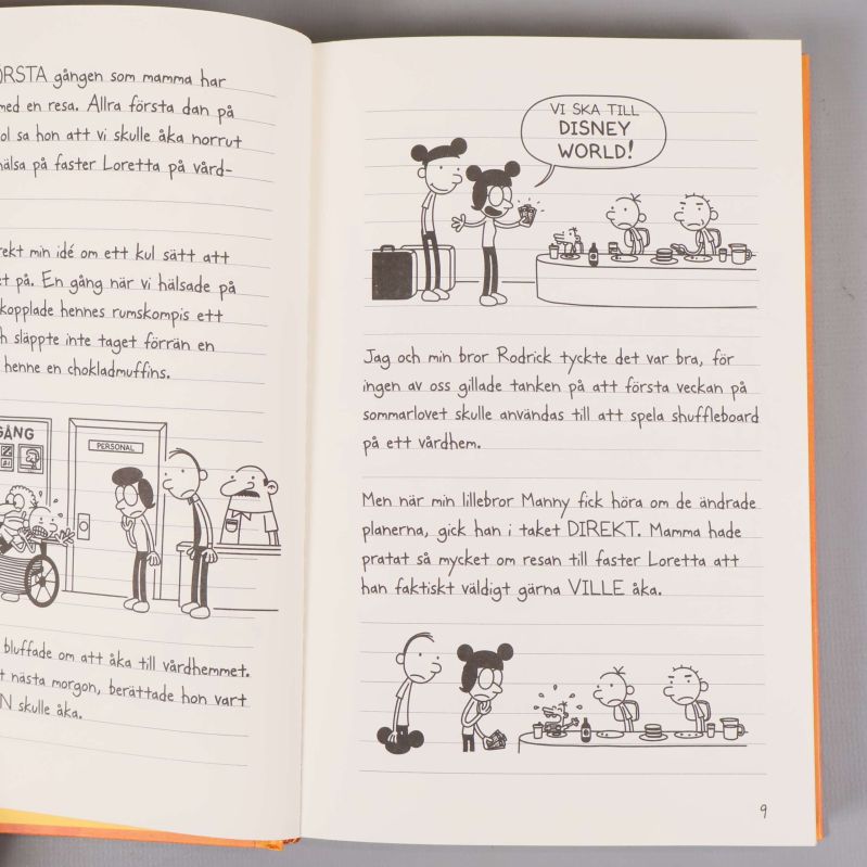 Uppslag ur boken med illustrationer och text om Disney World och familjeresa