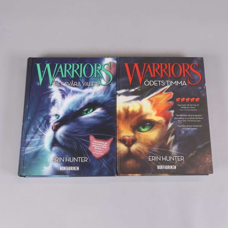 Två Warriors-böcker med färgstarka omslag och kattillustrationer