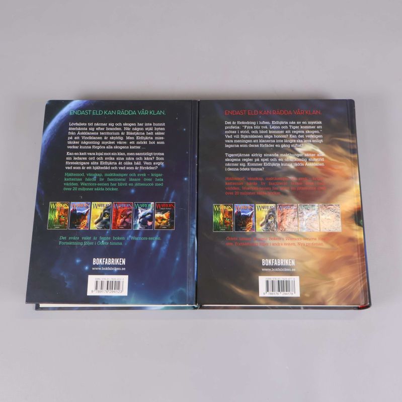 Baksidor av två Warriors-böcker med bokbeskrivningar och ISBN