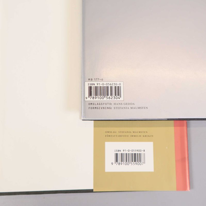 Närbild på ISBN och streckkoder på båda böckerna