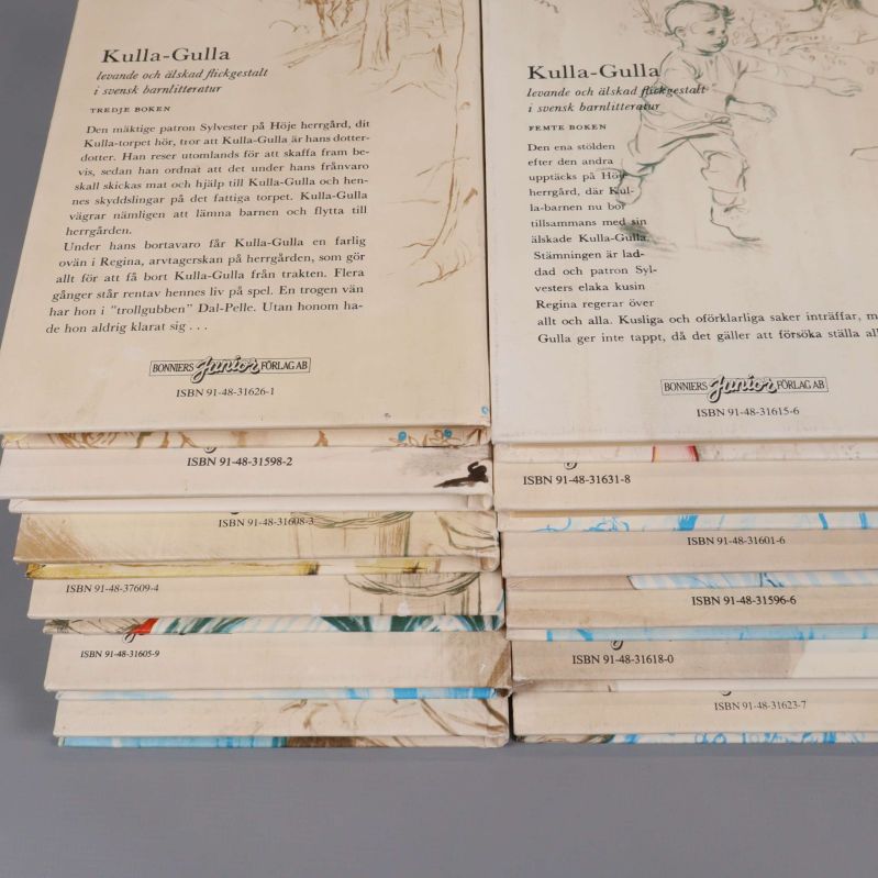 Närbild på bokryggar med ISBN-nummer synliga på Kulla-Gulla böcker