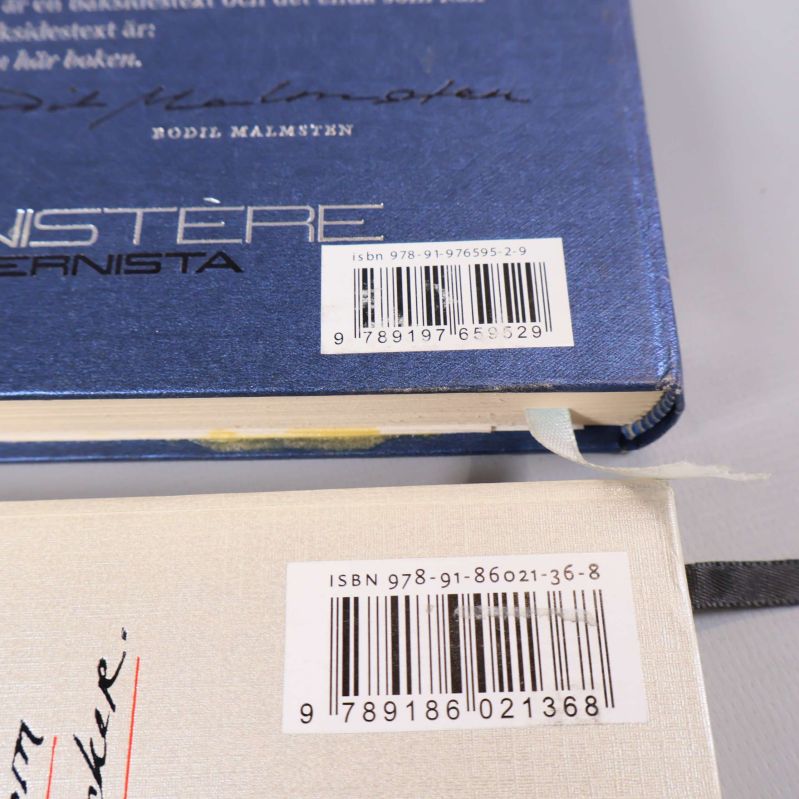 Närbild på streckkoder och ISBN på baksidorna av böckerna