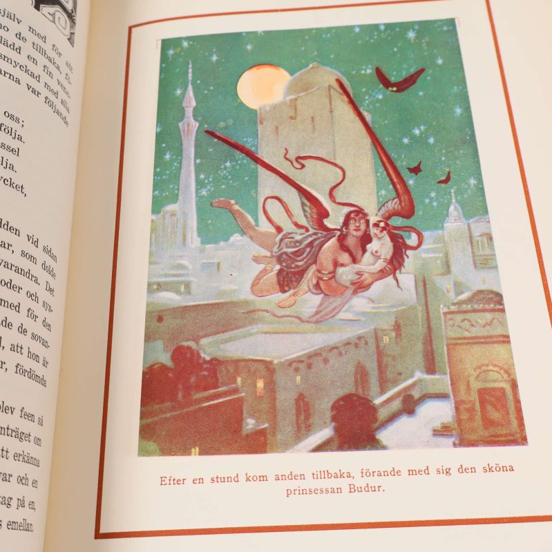 Färgrik illustration ur boken med flygande figur och prinsessa