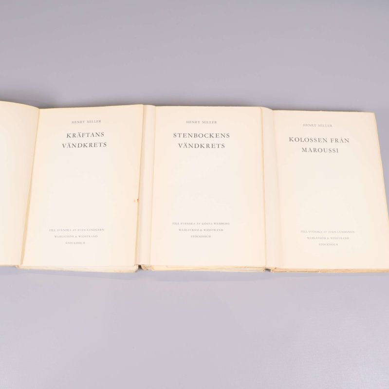 Titelblad i tre böcker av Henry Miller på svenska