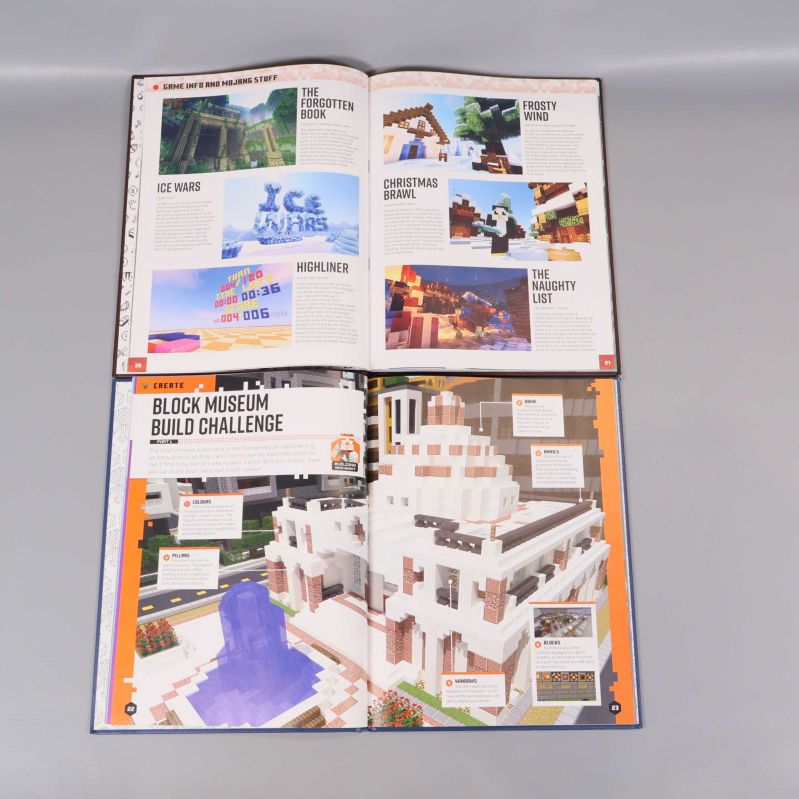 Uppslag ur två Minecraft Annual böcker med färgglada illustrationer och engelska texter