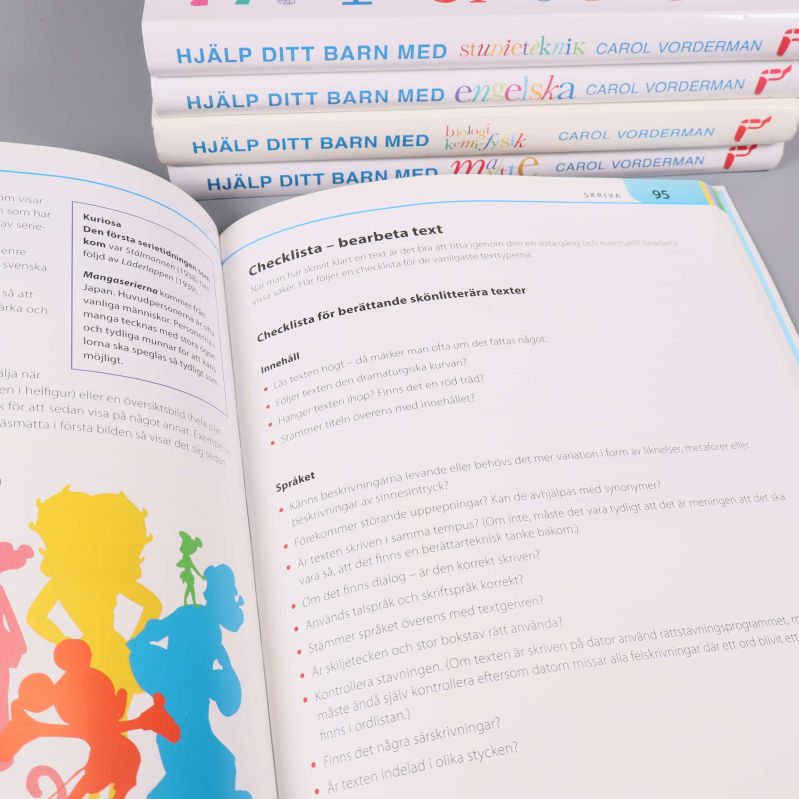 Uppslag ur bok, checklista för textbearbetning och färgglad siluettillustration